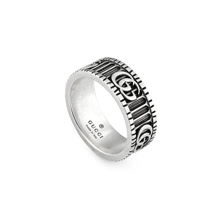 Gucci GG Marmont 3D Double G And Stripe Pattern Vintage Distressed Matte 925 Silver Ring Unisex Rings Black 551899-J8400-0811