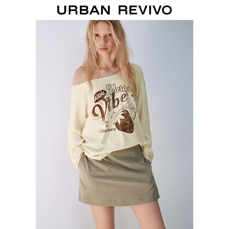 UR 2026 Autumn Women s Letter Print Slant Shoulder Long Sleeve T-shirt M