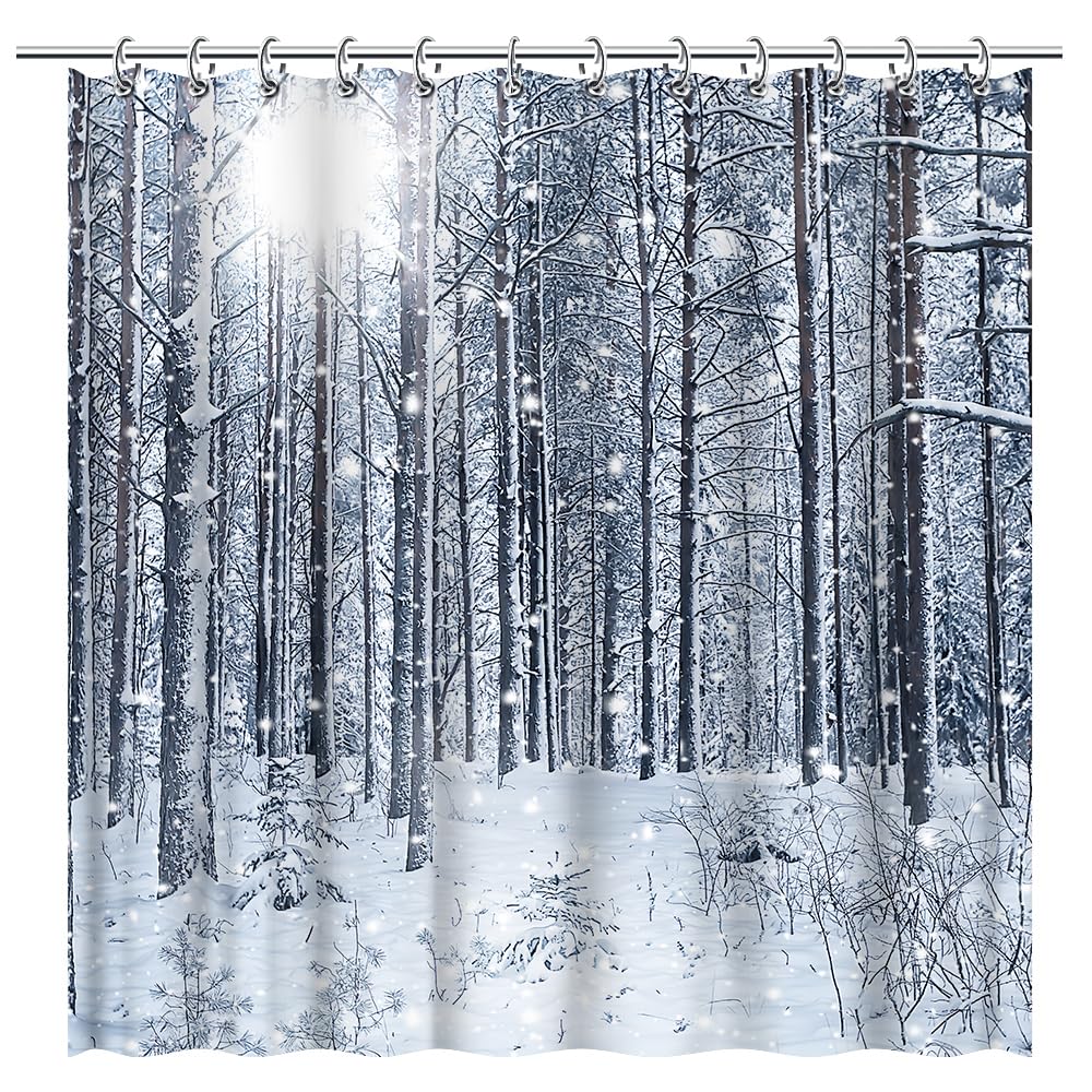 Christmas Shower Curtain Winter Snowy Landscape Forest Shower Curtain Xmas Pine Tree Bath Curtain with Hooks Home Bathroom Decor