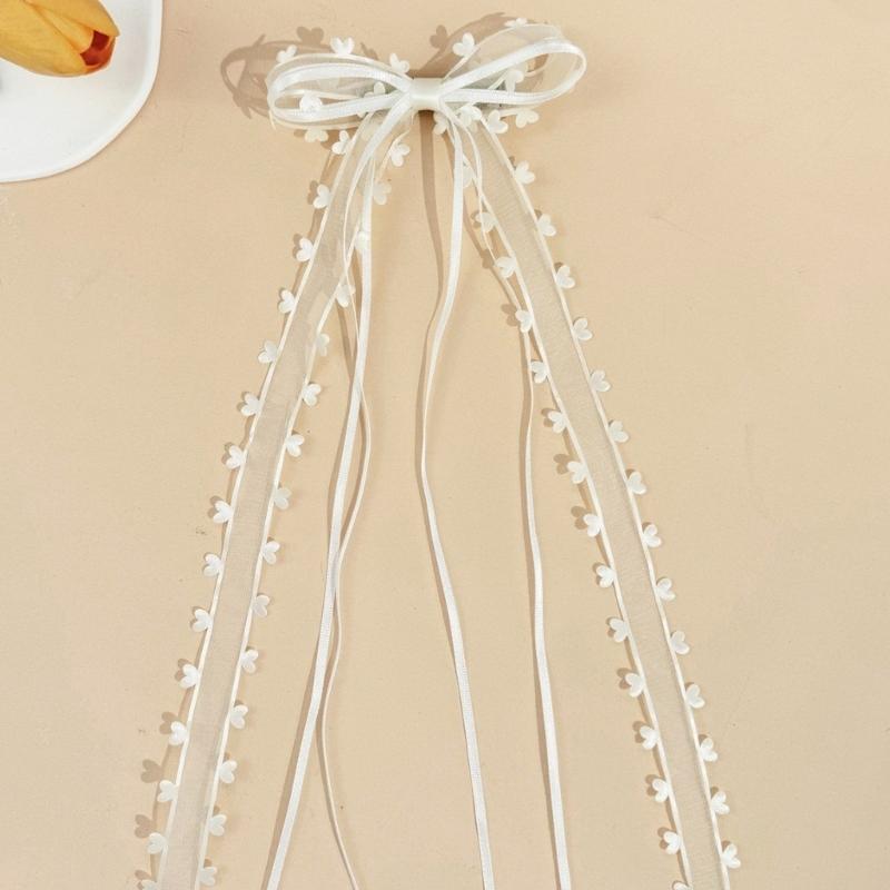 Long Ribbon Bowknot Lace Hair Clip Heart Trim Hairpin Women Barrettes Ponytail Holder for Lady Girl Hair Styling Clip