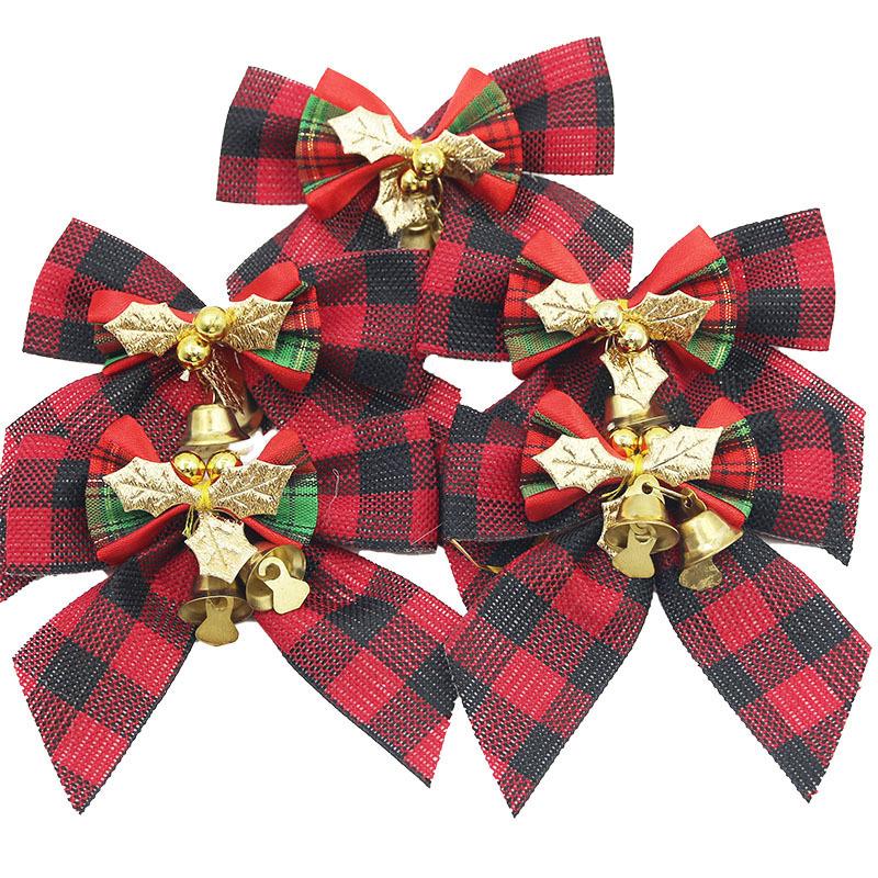 (5 Pcs/pack)8cm Christmas Checkered Butterfly Knot With Bell Christmas Decoration Home New Year Celebration Handmade DIY Pendant