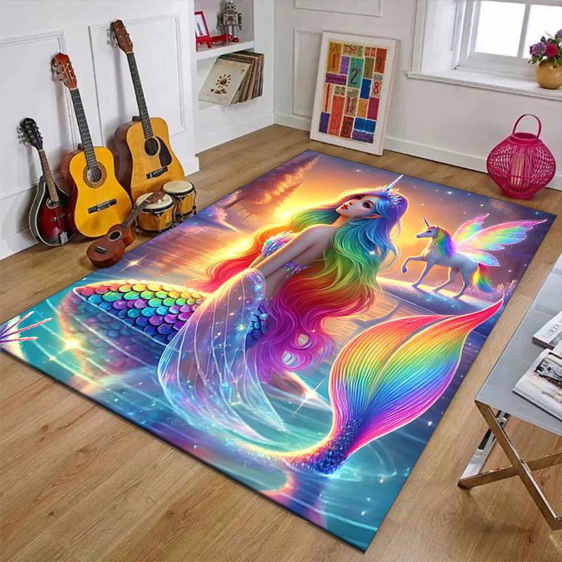 Mermaid Polyester Carpet, Soft Indoor Mat for Office Chair, Living Room, Computer Desk - Decorative Home Office Rug Design
