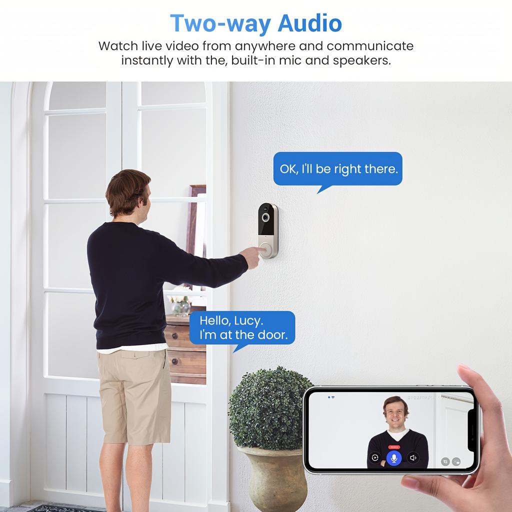 Wireless Video Doorbell Camera, AI Human Detection, 2-Way Talk, Night Vision, Cloud Storage, Indoor Outdoor Surveillance