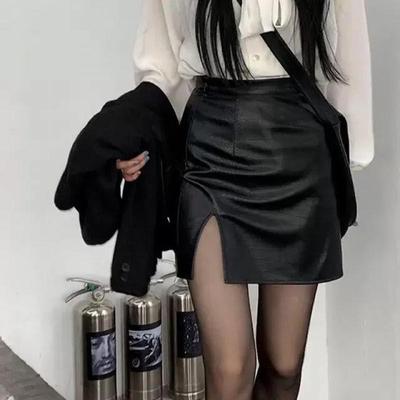 Siyah PU Deri Etekler Kadın Seksi Yırtmaçlı Slim Yüksek Belli A Kesim Etekler İlkbahar Yaz Kore Modası Bayan Alt Giyim İş Kıyafeti