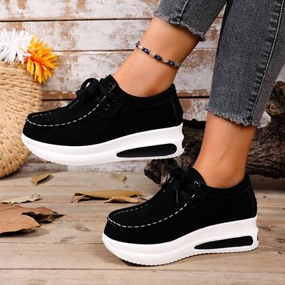 Pantofi Sport Casual Noi cu Șireturi și Vârf Rotund, Pantofi Casual Plati din Piele de Cămilă cu Talpă Groasă, Mărimi Mari, Pantofi Dama