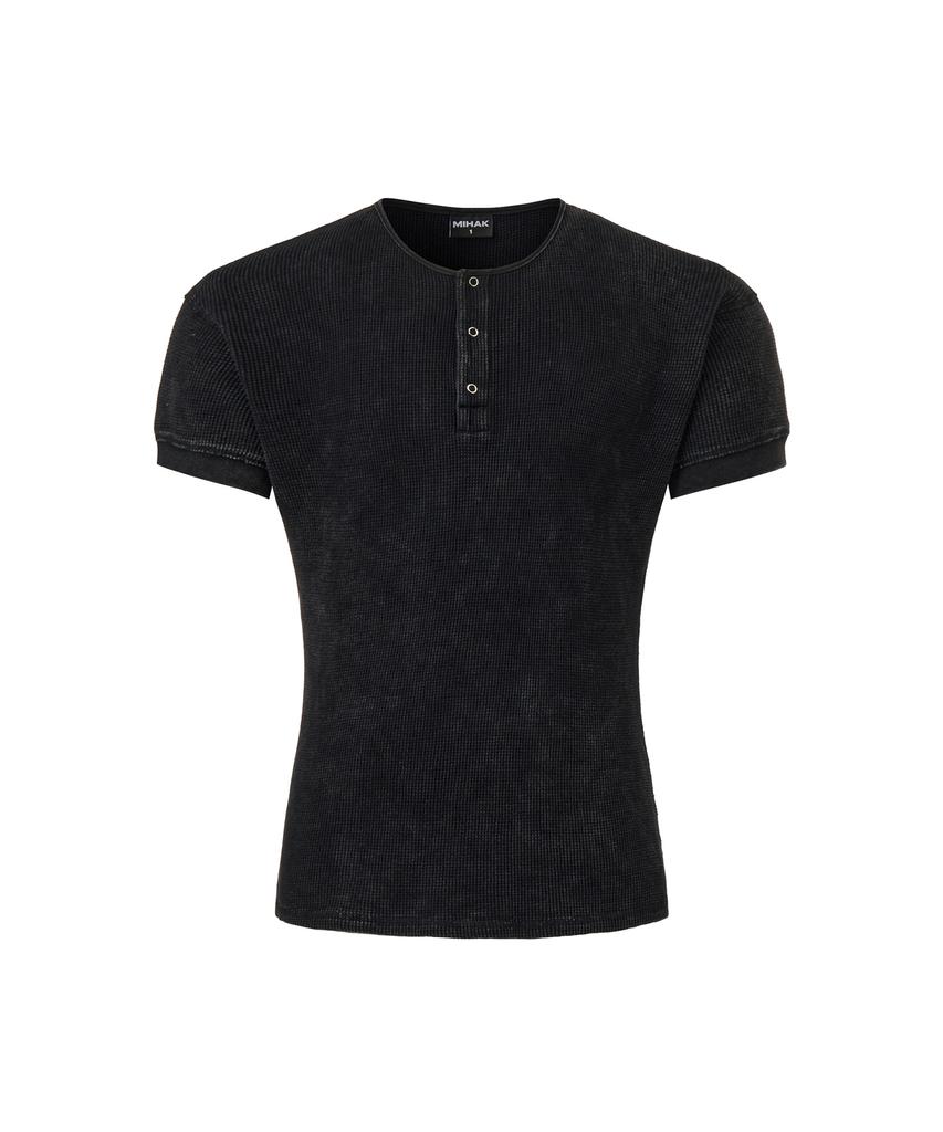 Mihag [Plain Ver.] Washed Waffle Henley Neck T-Shirt (Black)