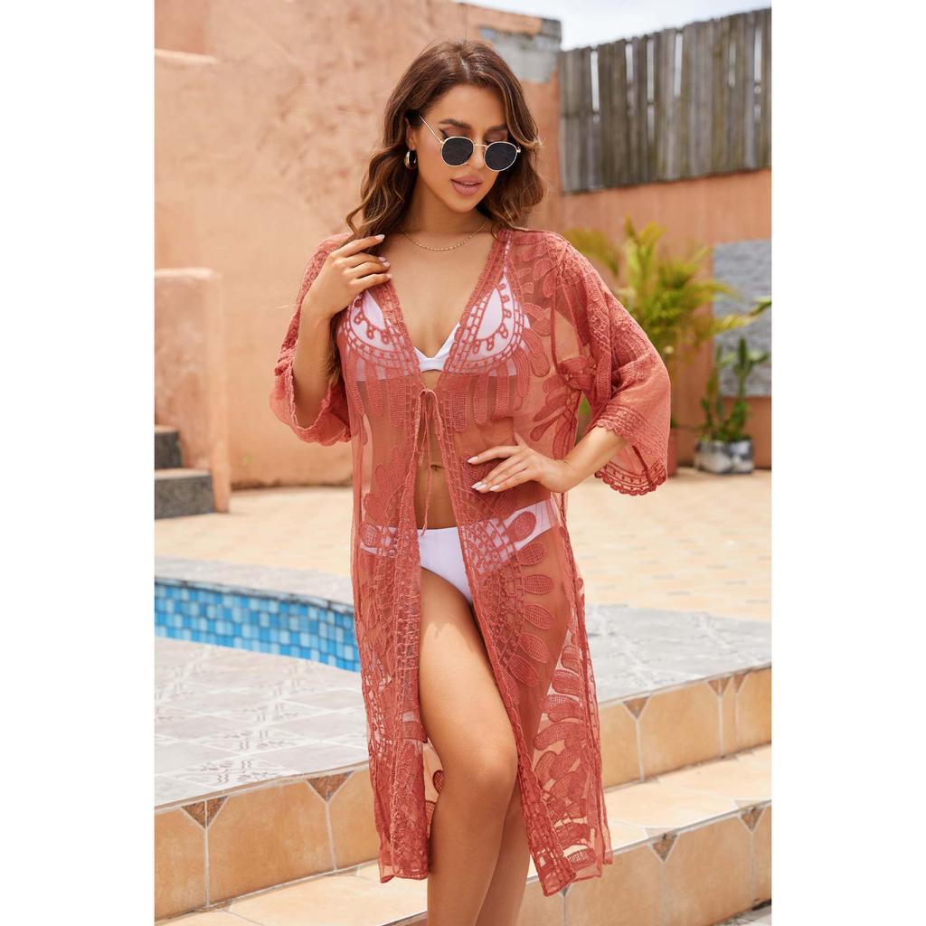 Summer Sun Protection Cardigan Elegant Beach Cover Female Garment Up See-through Lace Sunscreen Perspective Lace Up Beach Cover U