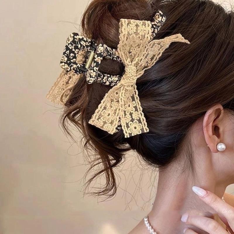 French Vintage Floral Lace Butterfly Knot Hair Clip Large Shark Clamp Sweet Girl Gentle Style Hair Accessories Headwear