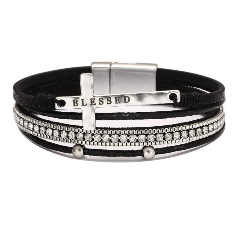 Boho Style Cross Bracelet, Light Luxury Micro-diamond Magnetic Buckle Bracelet, PU Leather Bracelet