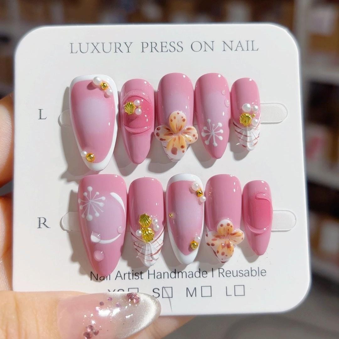 

Almond Island Nightingale Mint Floral Temperament Advanced Sense Handmade Wear Nail Removable Fake Nail XS
