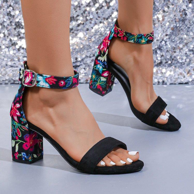 Large Size Square Heel Printed Fashion Sandals Summer New High Heels Women's Shoes