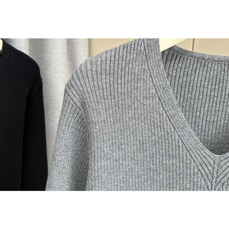 Plus Size Women V Neck Long Sleeve Knit Sweater Casual Bottoming Top