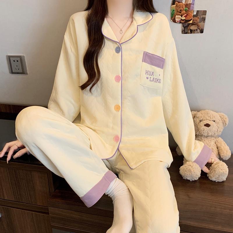 

Women s Air Cotton Pajama Set: Long Sleeve Cardigan with Embroidery - Casual & Warm for Spring and Autumn L (Recommended 50-57.5 kg)