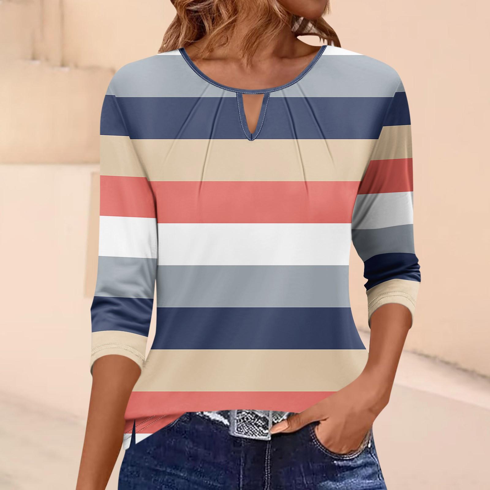 

Женская футболка с принтом, плиссированная, рукав 3/4, повседневная, модная, на выходные, базовая, с круглым вырезом, стандартный топ S тёмно-синий