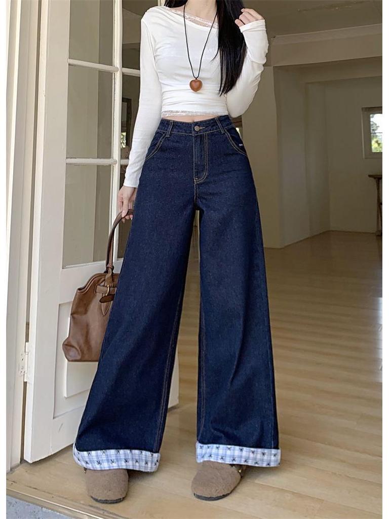 Damen Übergröße Hohe Taille Patchwork Schmetterling Bestickt Weites Bein Jeans