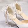 Pantofi cu toc ascuțit, cu perle și bareta la gleznă, pentru femei, cu toc înalt, din satin alb și bowknot, pentru banchet și petrecere, eleganti, cu toc stiletto