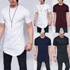 Summer Men T-shirt Round Neck Pure Color Irregular Hem Short Sleeve Slim Fit Pullover Mid Length Casual