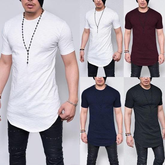 Καλοκαιρινό ανδρικό μπλουζάκι με στρογγυλή λαιμόκοψη καθαρού χρώματος ακανόνιστο στρίφωμα κοντό μανίκι Slim εφαρμογή Πουλόβερ μεσαίου μήκους Casual