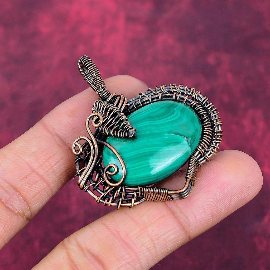 Malachite Gemstone Pendant Copper Wire Wrapped Pendant Handmade Antique Jewelry
