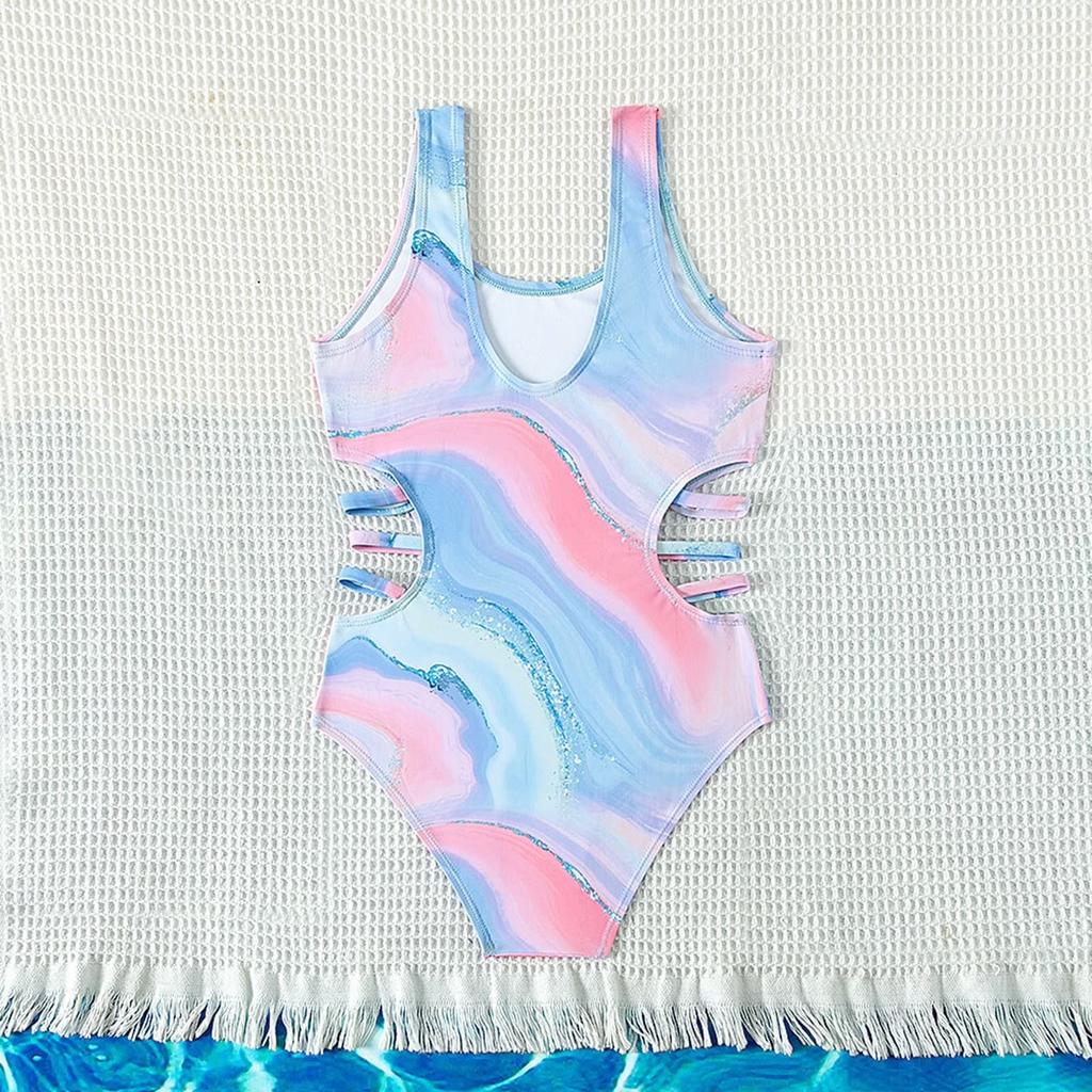 Girls One Piece Swimsuit Tie Dye Gradient Print Cut Out Design Comfortable Fit Lightweight Fabric Suitable for Swimming and Beach Activities