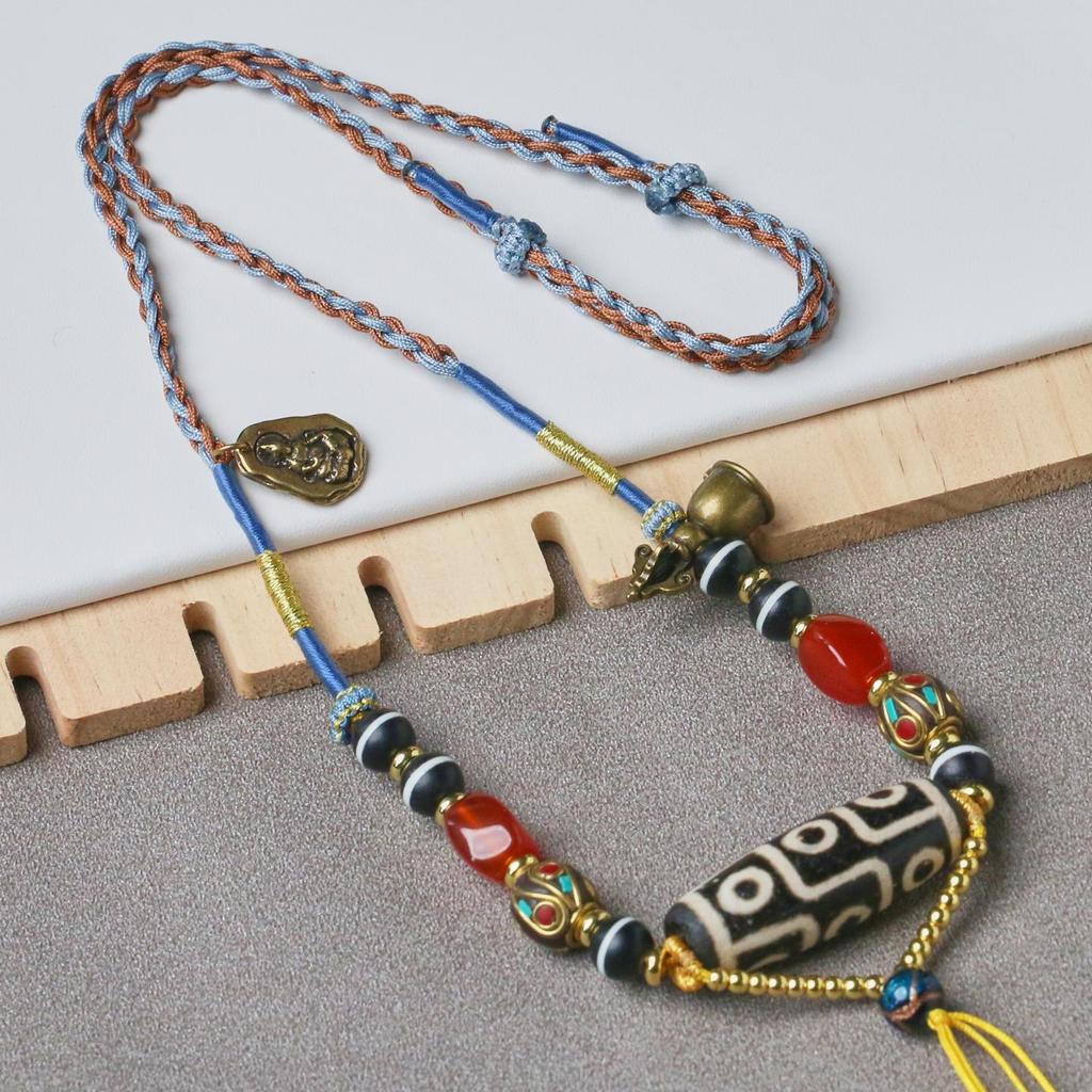Handwoven Tibetan Dzi Bead Necklace with Thangka Pendant and Kila Style Cord