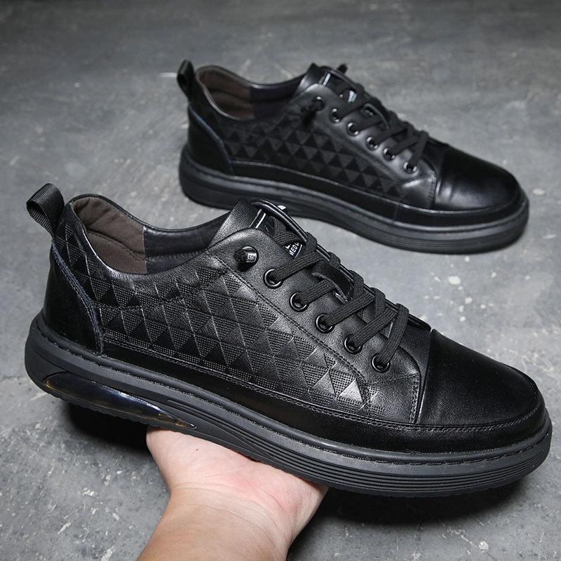Autumn new first-layer cowhide casual men's shoes black flat shoes breathable lace-up-free versatile board shoes men's trendy shoes