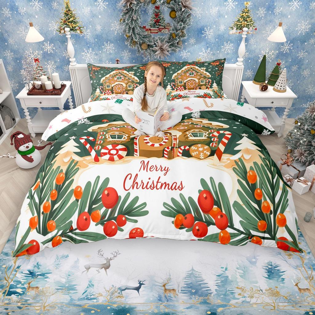 Homewish Kawaii Lebkuchen Bettbezug-Set für Mädchen Jungen, Weihnachtsbaum Weihnachtsmann Bettdeckenbezug-Set, Schneeflocken Bettwäsche-Set