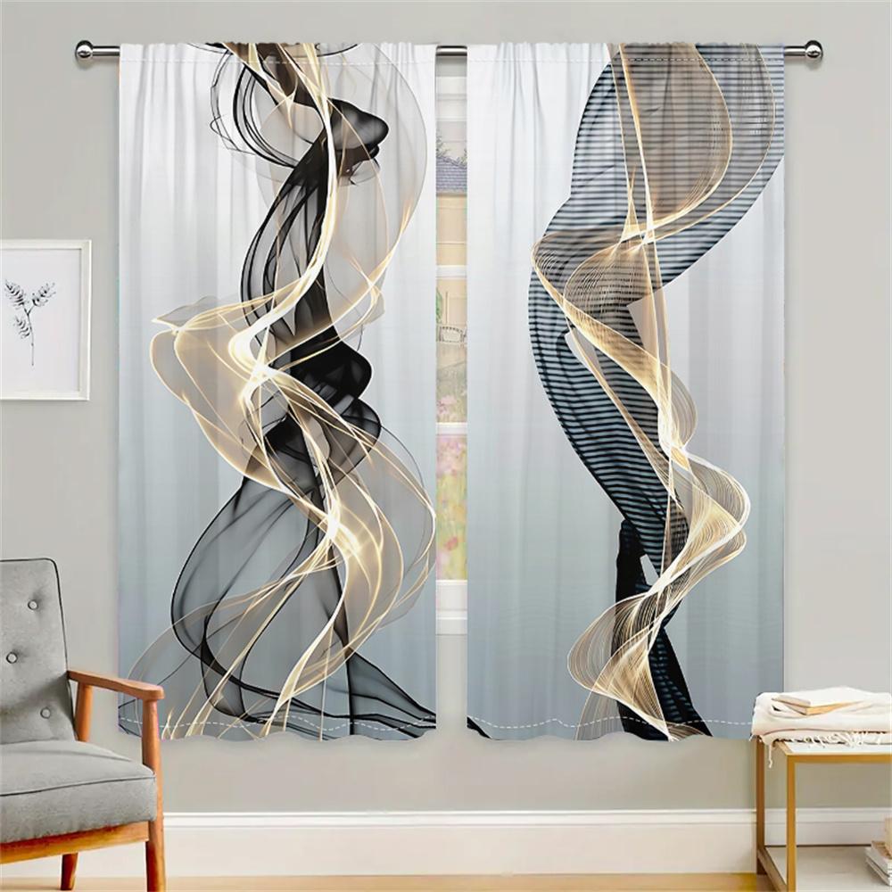 2 Pcs Abstract Art Curtains Black Gold Streamline Pattern Living Room Bedroom Window Decorative Curtains Modern Minimalist Style