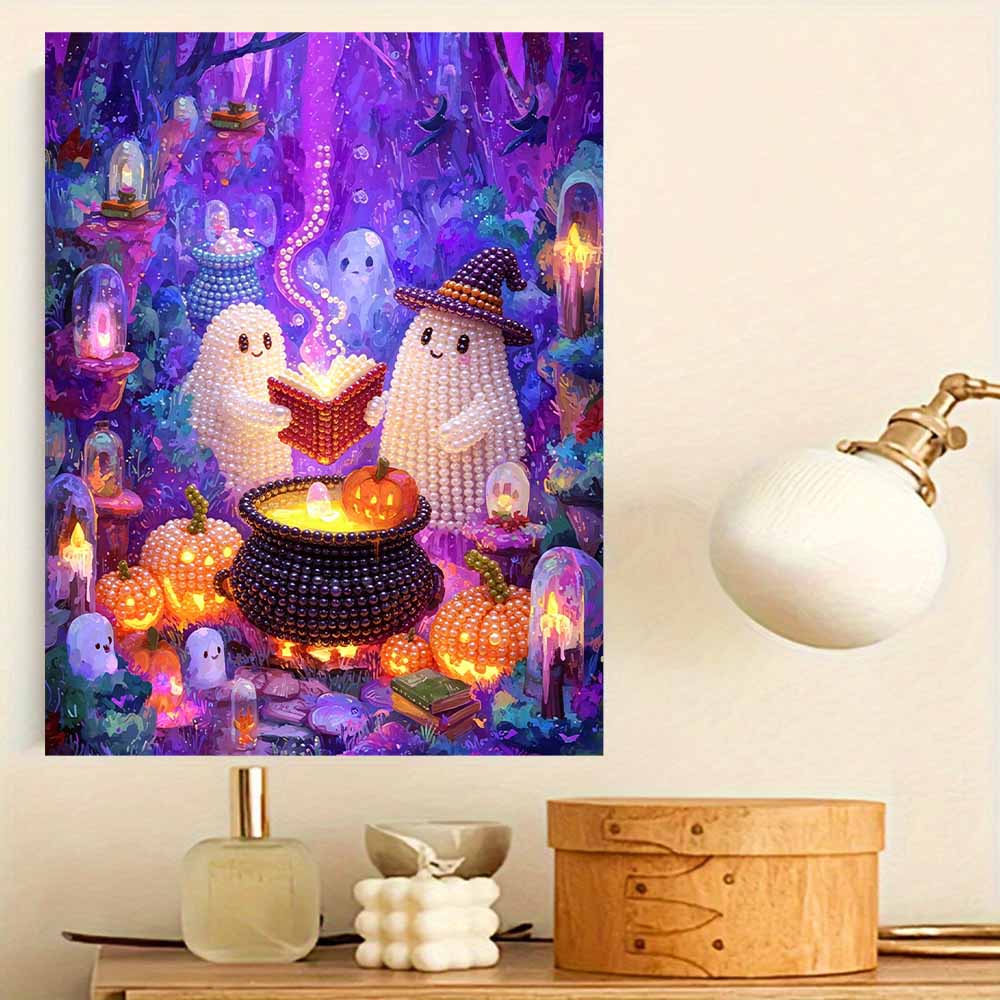 DIY rahmenloses Perlenkunst-Set Magischer Wald Geisterbuch Kürbis-Design 3D Perlenmalerei Leinwand Entspannendes handgemachtes Bastelset für Heimdekoration