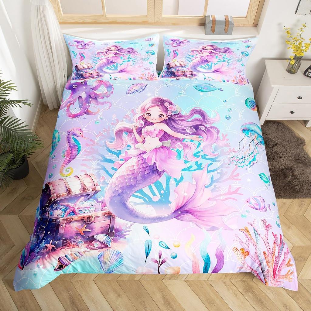 Mermaid Soft Duvet Cover Pink Teal Purple Scale Comfortable Quilt Cover Mermaid Beding Set Warm plus Comfortable Rainbow Beding Set for Young Girls