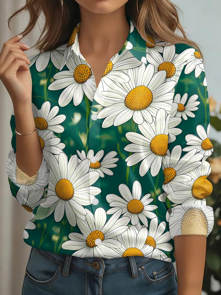 Women's long-sleeved shirt, fresh daisy floral design, comfortable, breathable and skin-friendly