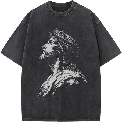 Vintage Gewaschenes Porträt Print T-Shirt Religiöser Glaube Grafik Tee Herren Damen Übergröße Lässig Rundhals Kurzarm Oberteil Tägliche Kleidung Cooles Oberteil