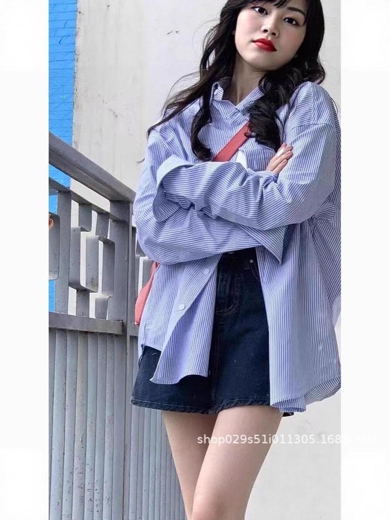 2025 Summer Striped Blue Boyfriend Long-Sleeve Shirt: Loose, Versatile Sun Protection Jacket
