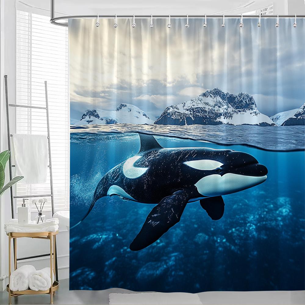 

1Pc Ocean Whale Shower Curtain - 2D Printed Design With Majestic Orca & Scenic Mountain Landscape, Durable Polyester, Machine Wa W60H190(CM)-1 Pcs