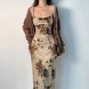Women's French Style Floral Print Satin Midi Dress, Spaghetti Strap Cowl Neck Vintage Bodycon Dress for Elegant Evening Wear