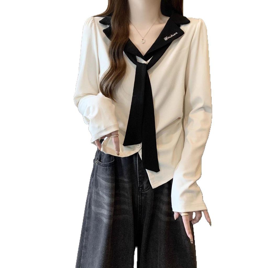 Plus Size Color Block Lapel Long Sleeve Top for Women - Slimming & Flattering Autumn 2025 Trend