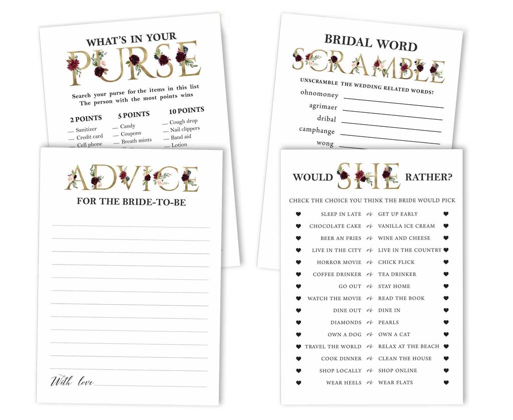 Inkdotpot Bridal Shower Game Set Of 4(50 Sheets Each) w   Miss to Mrs Gold Banner Floral Fun Bachelorette Party Game Set
