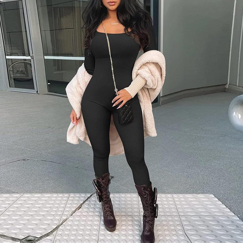 European and American Women’s Ribbed Square Neck Slimming Jumpsuit – New Autumn/Winter Collection