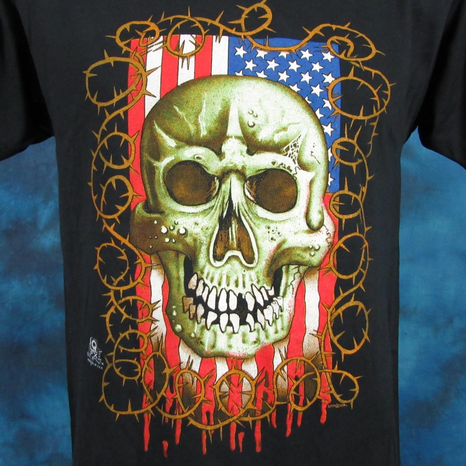 vtg 80s USA SKULL Liberty Or Death T-Shirt flag S biker skeleton motorcycle S