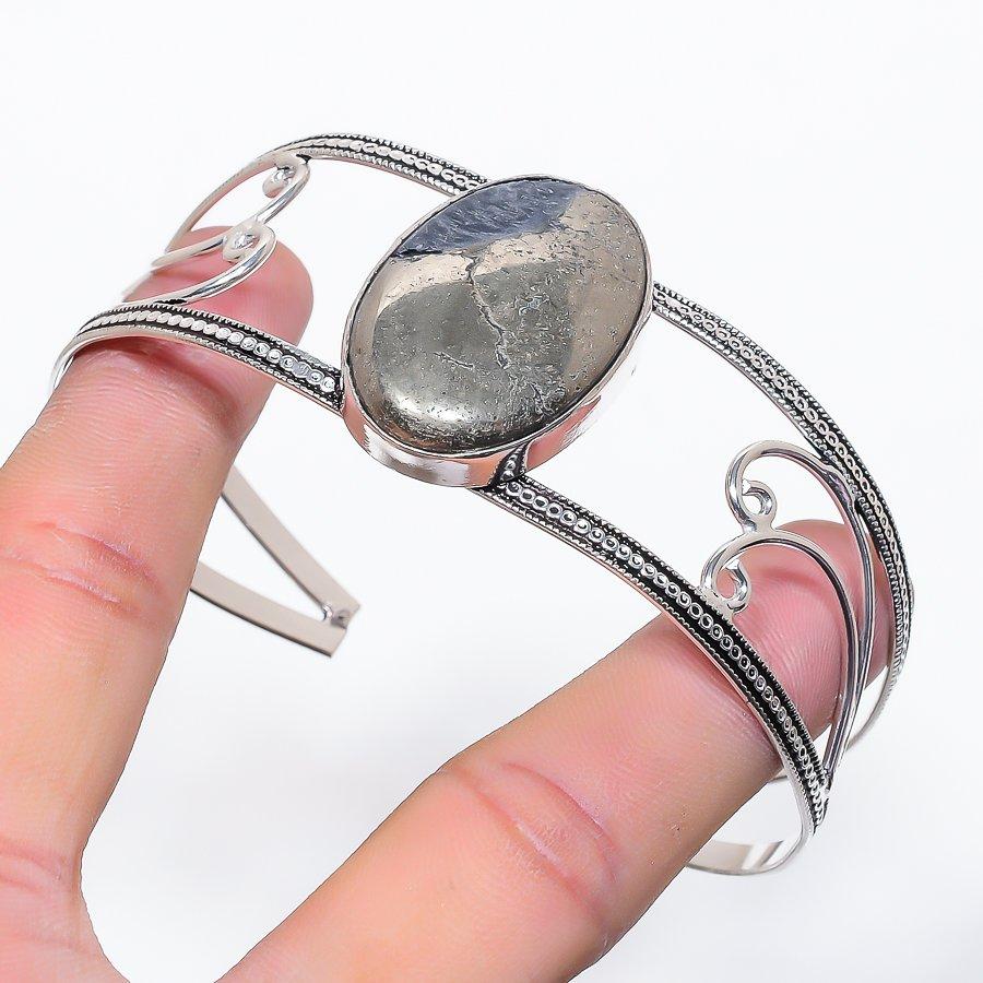 

Natural Pyrite Agate Gemstone 925 Sterling Silver Cuff Bangle Adjustable e7L04