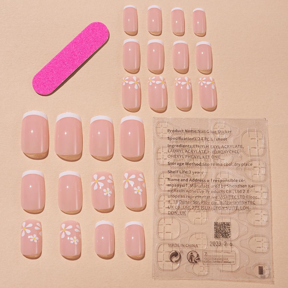 

Белые наклейки для нейл-арта с французским кончиком и цветами - Минималистичные водостойкие съемные накладные ногти