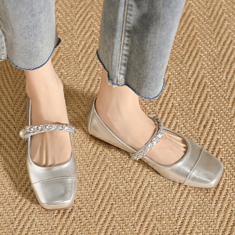 Fashion Women's Lolita Chain Strap Mary Janes Mixed Color Gold/Silver Flats Ballerinas Square Toe Loafers Daily Barefoot Shoes Ladies