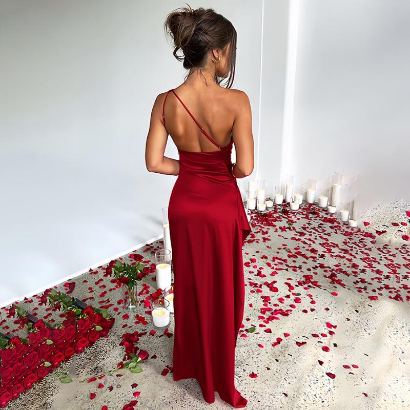 Summer New Design Temperament Sexy Slim Slant Shoulder Split Satin Dress Women