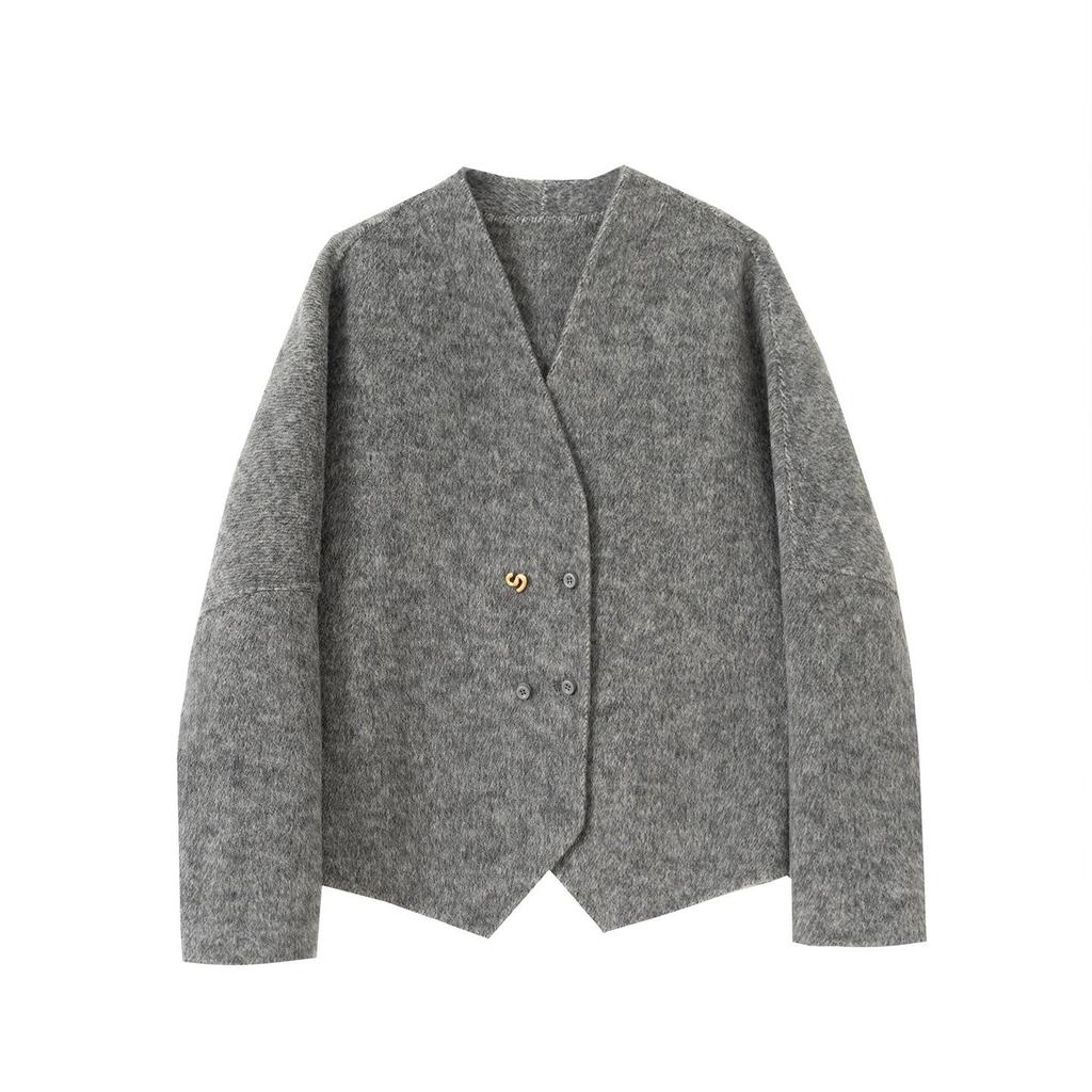 Neuer Petite Damen Kaschmir-Doppelmantel - Koreanischer Stil, Wollmischung, Weite Fledermausärmel, Kurzes Herbst-/Winterdesign