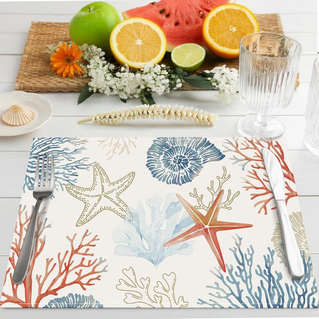 Bonhause Nautical Coastal Placemats Set of 4, 12x18 Inch Ocean Themed Starfish Coral Beach Kitchen Dining Table Mats Washable Place Mats for Indoor