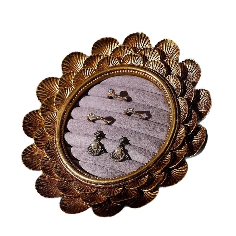 Vintage Jewelry Display Tray with Ring Slots, Gold Tone Oval Holder for Vanity Display and Photography Styling