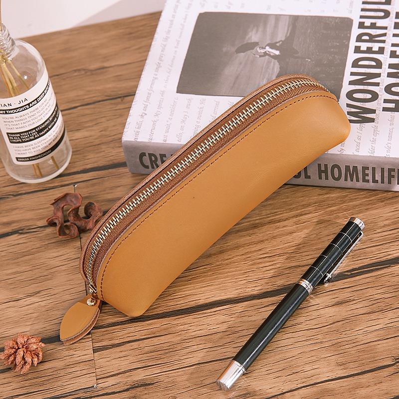 Vintage Leather Pencil Bag Simple Stationery Hoder Pen Case Storage Bag Zipper Pencil Pouch Glasses Box School Supplies