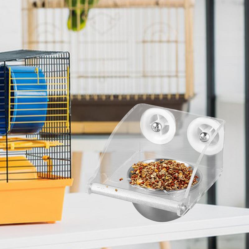 Bird Feeder For Cage Parrot Stainless Steel Bowl Waterproof Transparent Bird Feeder With Perch For Budgies Cockatiel Finches