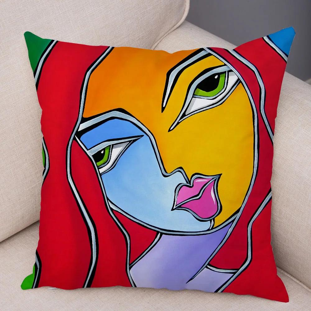 Abstract Painting Cushion Cover Decoration Nordic Style Colorful Cartoon Girl Pillowcase Sofa Home