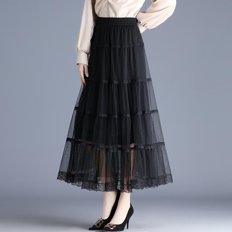 Qooth Damen Lässig Einfarbig Spitze Tüllrock Elegant Elastischer Bund Kuchen Mesh A-Linien-Rock Für Frühling Sommer QT2427